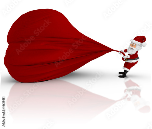 Illustration: 3D Santa pulling a gift sack 3D Santa pulling a gift sack