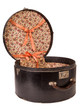 Foto: Open original old fashioned round leather suitcase Open original old fashioned round leather suitcase