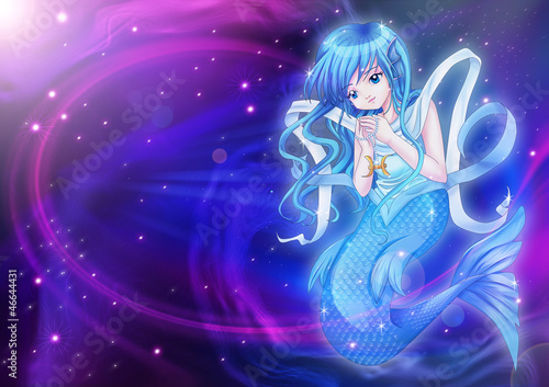  Manga style of zodiac sign on cosmic background, Pisces