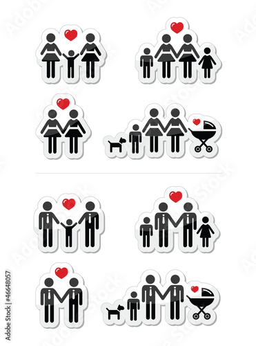 Vector: Gay, lesbian couples and family with children icons set Gay, lesbian couples and family with children icons set