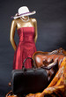 set of travel accessory, woman dress, hat, suitcase and shoes