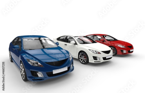 Illustration: Three Cars Showroom Side View Three Cars Showroom Side View