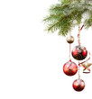 Photo: Red baubles on green christmas firtree on white background Red baubles on green christmas firtree on white background