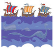 Vector: Sea background with Viking ships and sea creatures. Sea background with Viking ships and sea creatures.