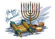 Hanukkah menorah with  candle and  doughnut
