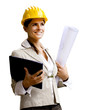 smiling engineer with helmet and blueprints