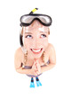 Funny woman in snorkeling gear, isolated studio shot