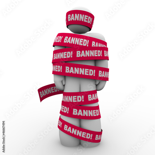 Illustration: Banned Man Person Wrapped Red Tape Forbidden Suppression Banned Man Person Wrapped Red Tape Forbidden Suppression