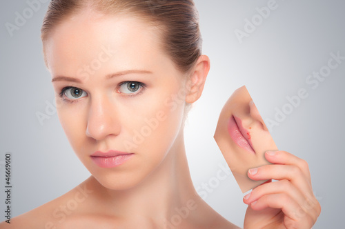 Photo: concept skincare . Skin of beauty young woman with herpes on lip concept skincare . Skin of beauty young woman with herpes on lip