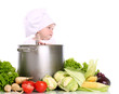 Baby cook with pan and vegetables on a white
