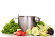 Fresh tasty vegetables with pan and soup ladle