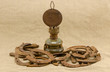 retro kerosene lamp rusty horse shoes linen