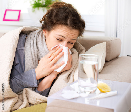 Photo: Flu or Cold. Sneezing Woman Sick Blowing Nose Flu or Cold. Sneezing Woman Sick Blowing Nose