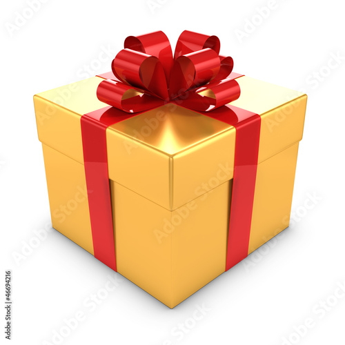Illustration: 3d Gold Gift box with red bow and ribbons 3d Gold Gift box with red bow and ribbons