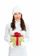 Beautiful young Christmas girl with gift.