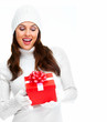 Beautiful young Christmas girl with gift.