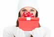 Beautiful young Christmas girl with gift.