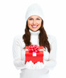 Beautiful young Christmas girl with gift.