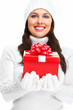 Beautiful young Christmas girl with gift.