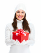Beautiful young Christmas girl with gift.