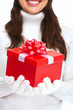 Beautiful young Christmas girl with gift.