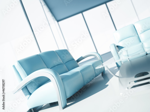 Illustration: modern leather sofa in a light interior with large windows modern leather sofa in a light interior with large windows