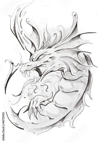 Illustration: Tattoo sketch of medieval dragon, hand made Tattoo sketch of medieval dragon, hand made