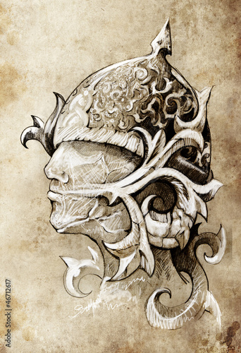 Illustration: Sketch of tattoo art, warrior, hand made Sketch of tattoo art, warrior, hand made