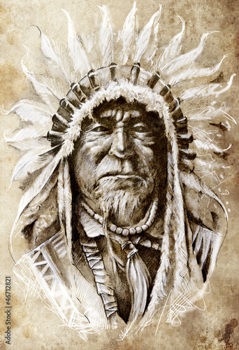 Illustration: Sketch of tattoo art, native american indian head, chief, vintag Sketch of tattoo art, native american indian head, chief, vintag