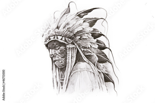 Illustration: Tattoo sketch of Native American Indian warrior, hand made Tattoo sketch of Native American Indian warrior, hand made
