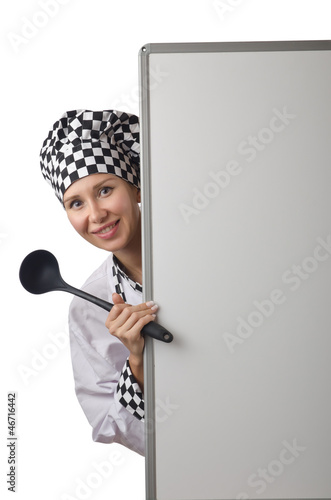 Photo: Cook with ladle and blank board Cook with ladle and blank board
