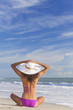 Sexy Woman Girl Sitting Sun Hat & Bikini on Beach