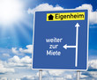 Wegweiser mit Eigenheim Haus und weiter zur Miete