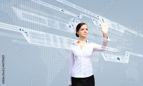 Illustration: Businesswoman and touch screen technology Businesswoman and touch screen technology