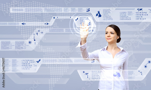 Illustration: Businesswoman and touch screen technology Businesswoman and touch screen technology