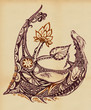 Dragon with a lotus flower and leaf