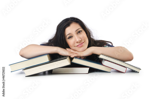 Photo: Tired student with textbooks on white Tired student with textbooks on white