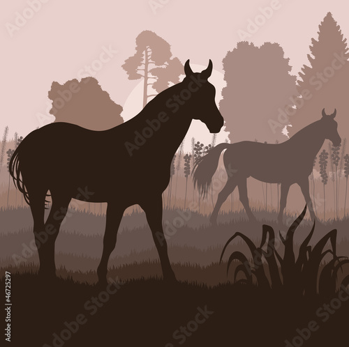 Vector: Horses in field vector background Horses in field vector background