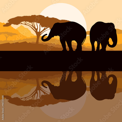 Vector: Elephant family in wild Africa mountain nature landscape backgro Elephant family in wild Africa mountain nature landscape backgro