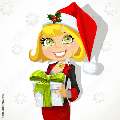 Vector: Festive business lady in Santa's cap gives a gift Festive business lady in Santa's cap gives a gift
