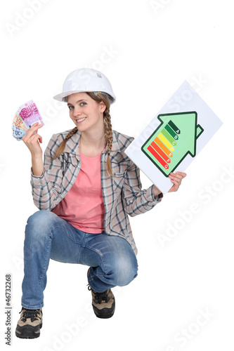 Photo: Female builder holding cash Female builder holding cash