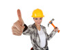 Woman with hammer giving thumbs up.