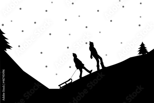 Vector: Sledding girls in mountain in winter silhouette Sledding girls in mountain in winter silhouette