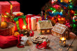 View of the Christmas table with presents and a Christmas tree