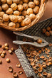 Different kinds of nuts in wicker baskets