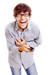 Photo: Guy with phone shrieking with laughter Guy with phone shrieking with laughter