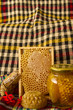 Photo: Jars of honey and honeycomb. Honey products Jars of honey and honeycomb. Honey products