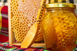 Photo: Jars of honey and honeycomb. Honey products Jars of honey and honeycomb. Honey products