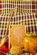 Photo: Jars of honey and honeycomb. Honey products Jars of honey and honeycomb. Honey products