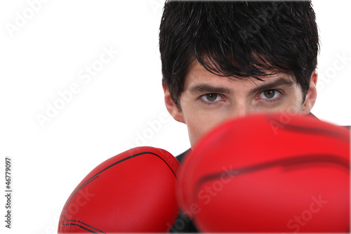 Photo: Boxer hiding behind his boxing gloves Boxer hiding behind his boxing gloves